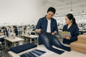 Denim brand manager and factory supervisor inspecting an inconsistent bulk-production result inside a capable factory