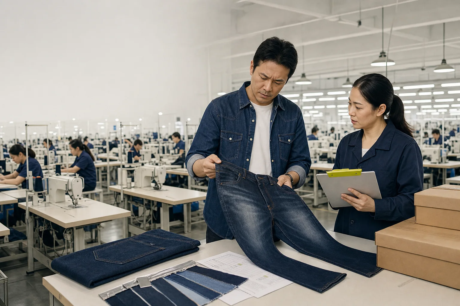 Denim brand manager and factory supervisor inspecting an inconsistent bulk-production result inside a capable factory