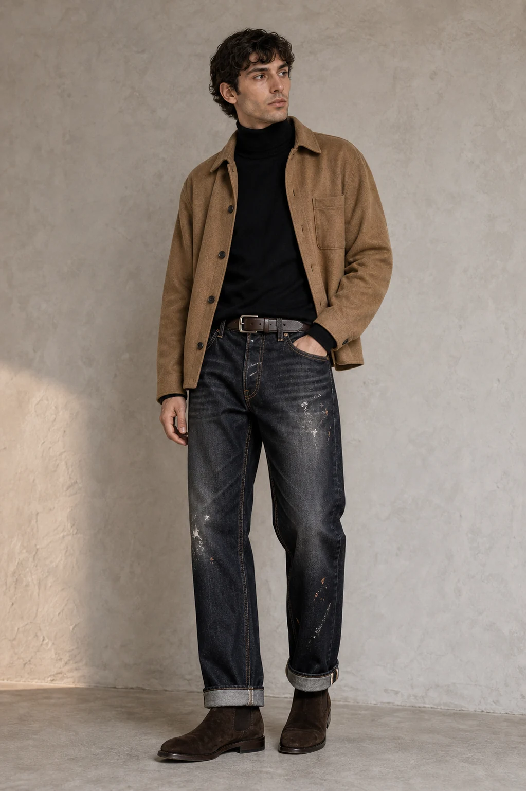 sk 20260722 mens denim style 006 camel jacket and black denim concept