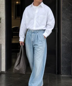 sk 20260722 mens denim style 007 white shirt and pale wide leg jeans concept