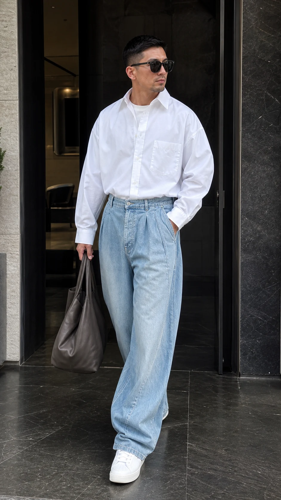 sk 20260722 mens denim style 007 white shirt and pale wide leg jeans concept