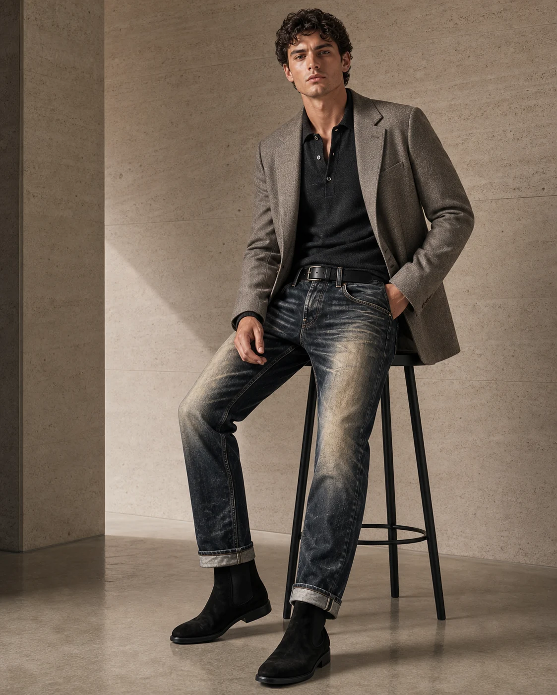 sk 20260722 mens denim style 011 tailored blazer and faded men s jeans concept