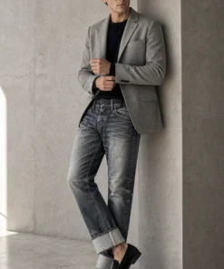 sk 20260722 mens denim style 014 grey blazer and cuffed denim concept
