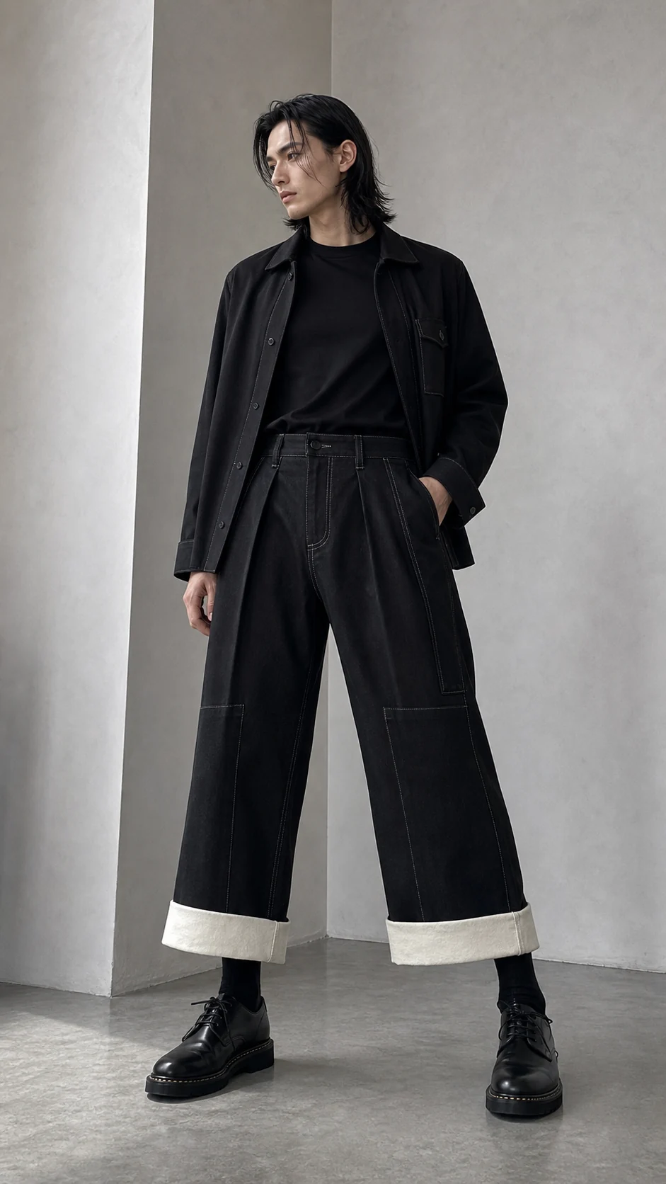 sk 20260722 mens denim style 018 black longline wide leg styling concept