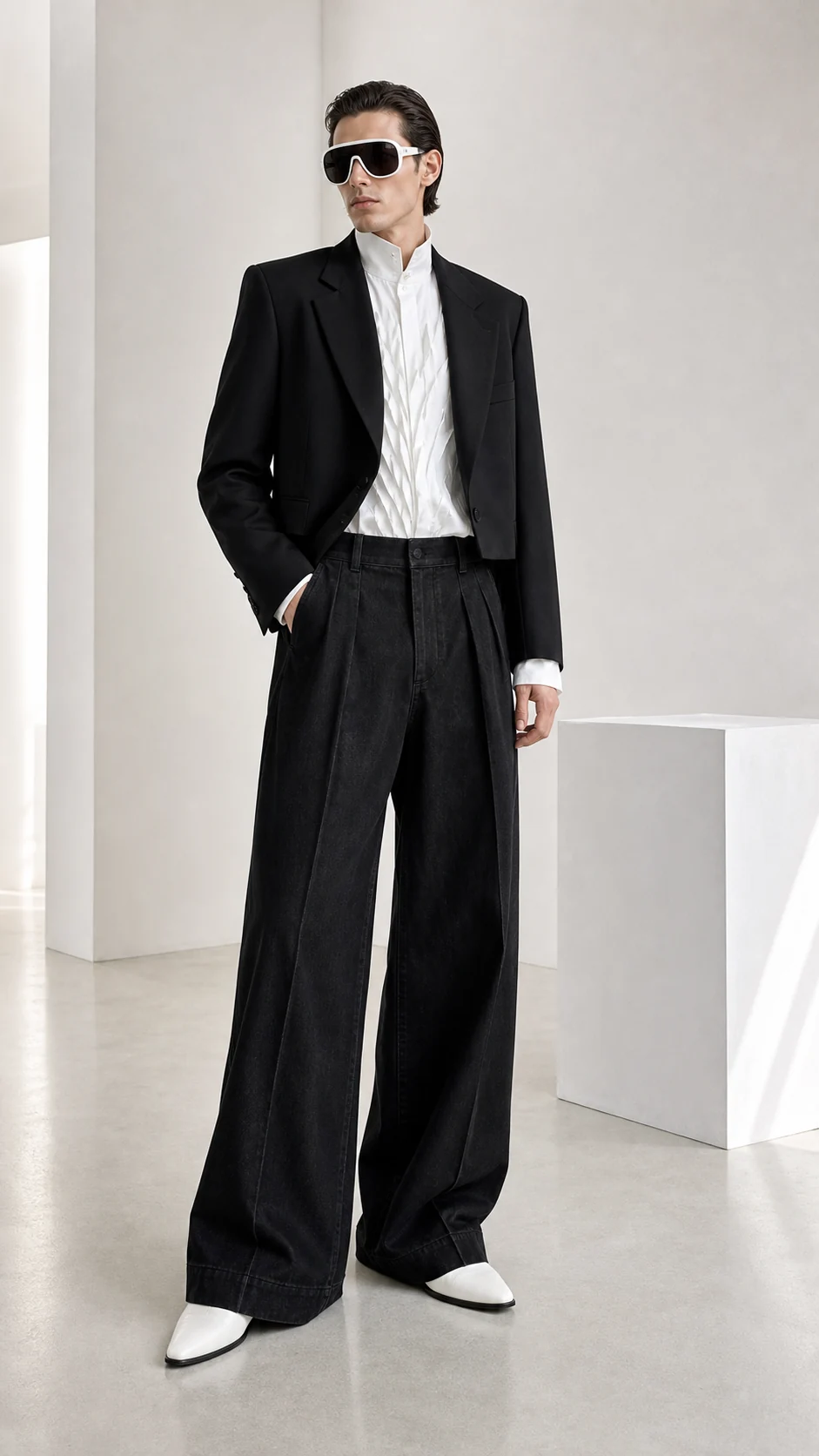 sk 20260722 mens denim style 019 black suiting and wide denim trouser concept