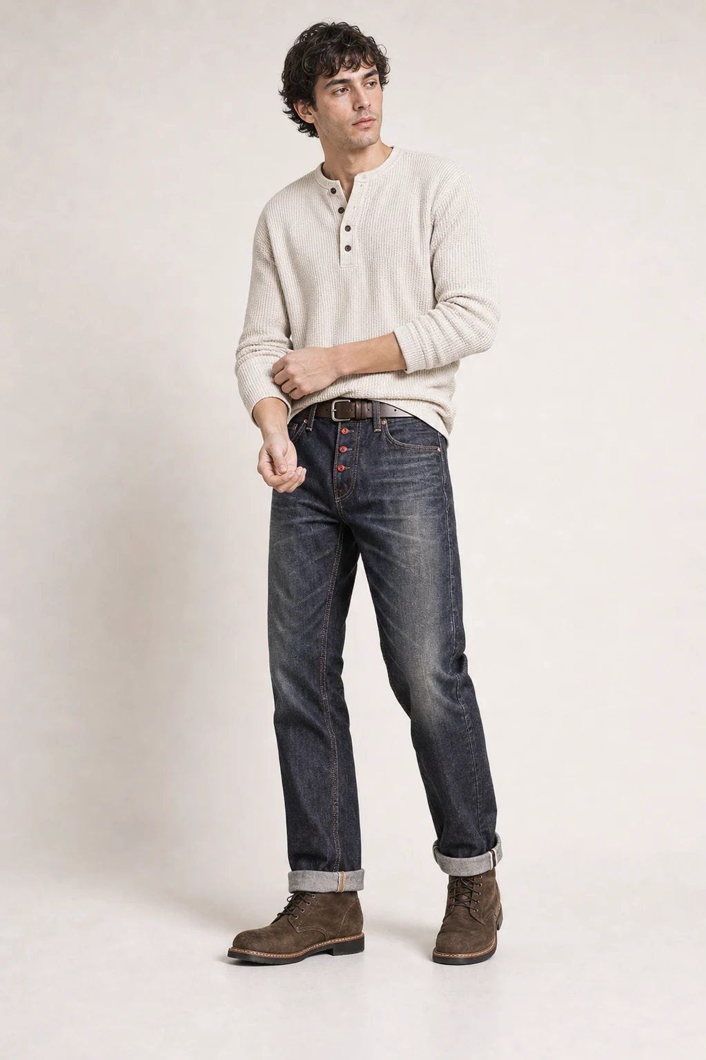 sk 20260722 mens denim style 023 cream shirt and dark slim jeans concept