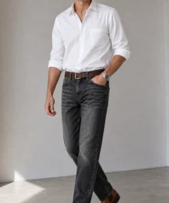 sk 20260722 mens denim style 026 white shirt and grey straight jeans concept
