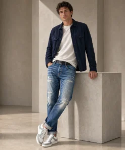 sk 20260722 mens denim style 027 navy jacket and light straight jeans concept