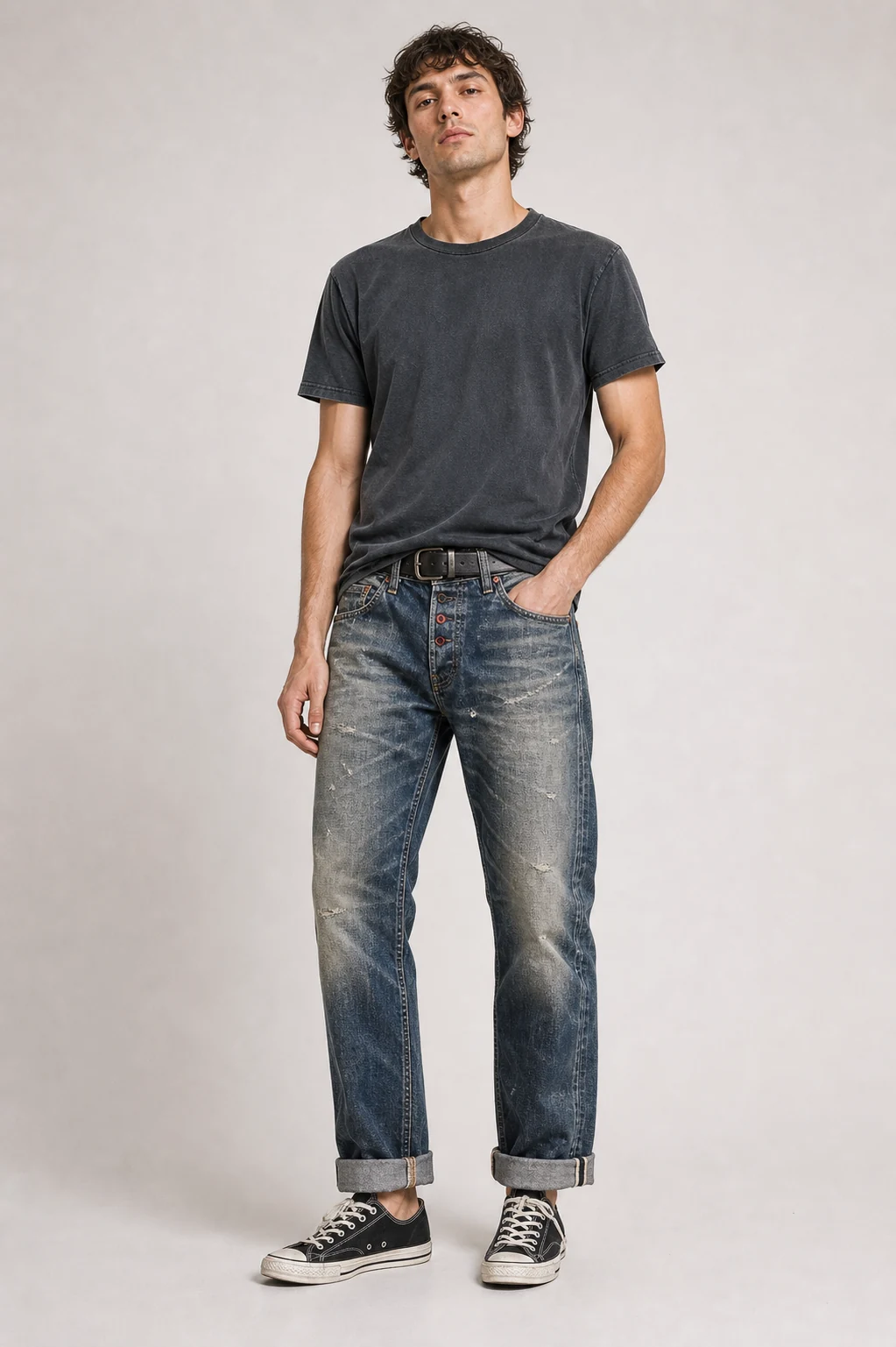 sk 20260722 mens denim style 029 charcoal tee and vintage blue jeans concept