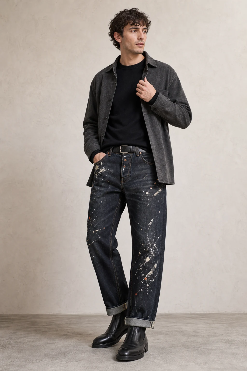 sk 20260722 mens denim style 030 black jacket and coated denim concept