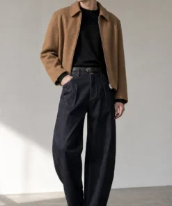 sk 20260722 mens denim style 031 camel coat and navy pleated denim concept