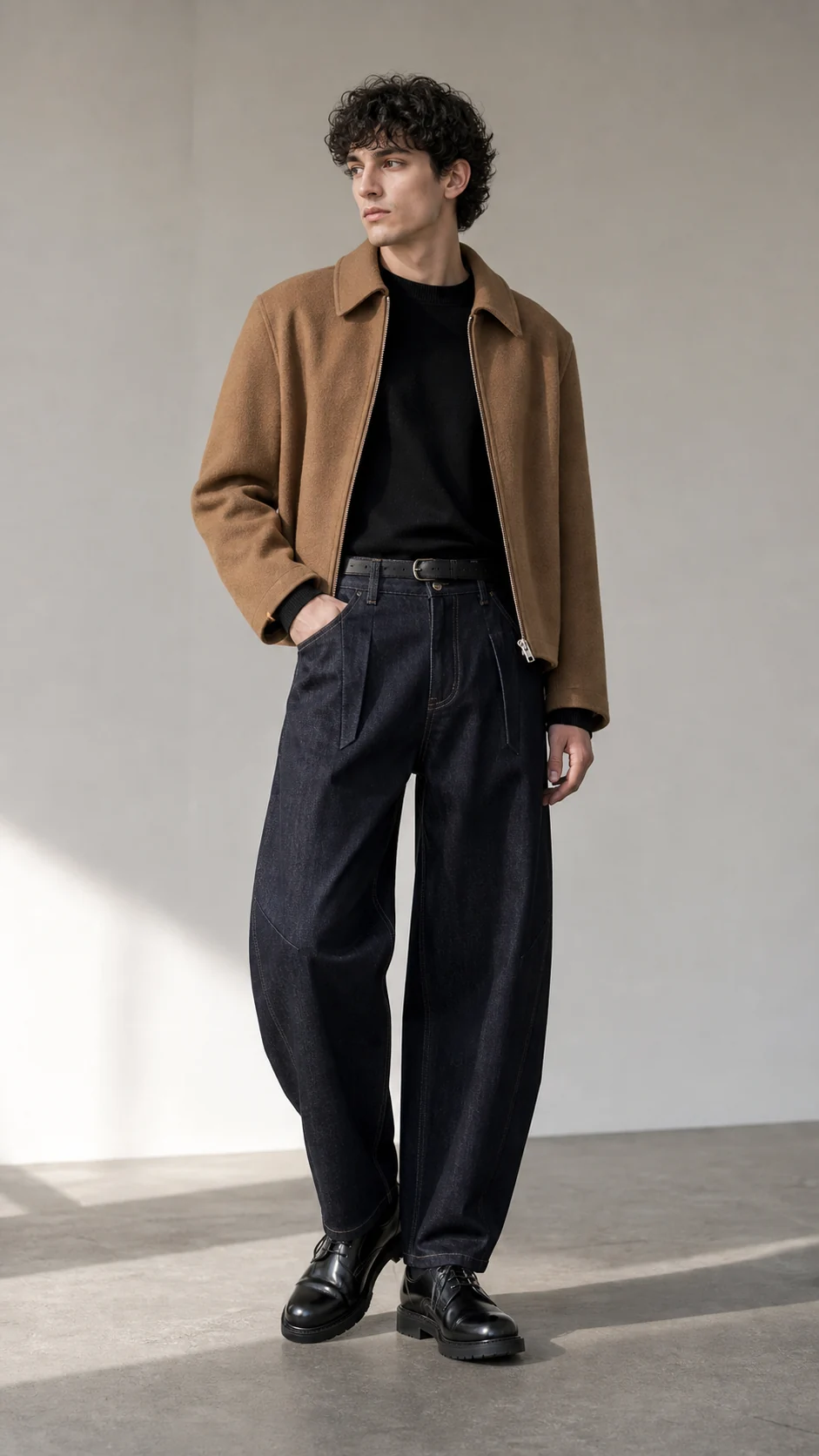 sk 20260722 mens denim style 031 camel coat and navy pleated denim concept
