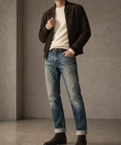 sk 20260722 mens denim style 032 brown jacket and washed slim jeans concept