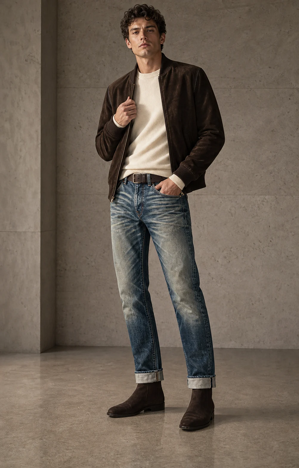 sk 20260722 mens denim style 032 brown jacket and washed slim jeans concept