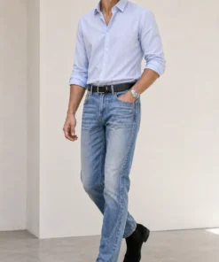 sk 20260722 mens denim style 035 blue shirt and pale jeans concept