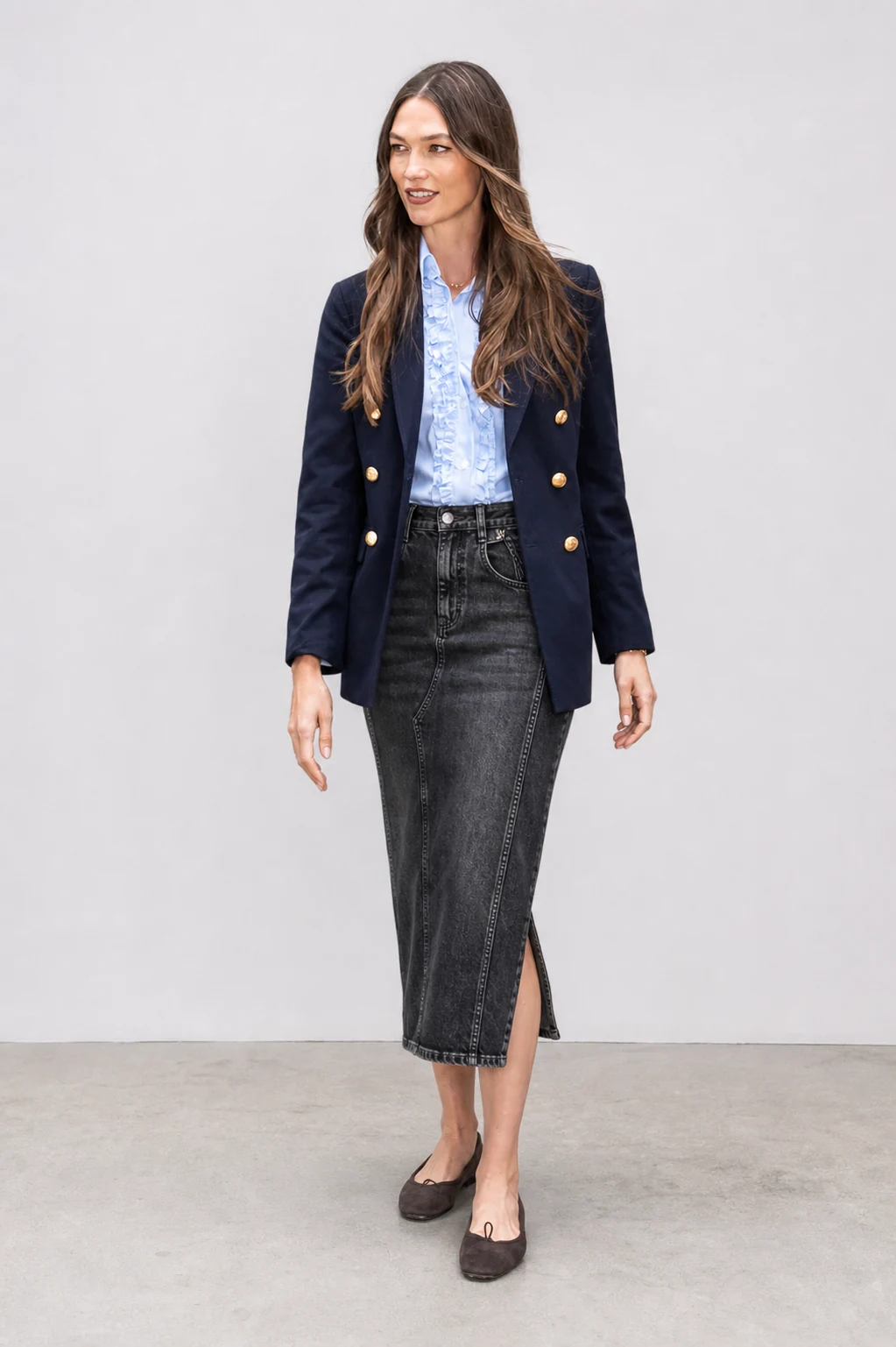 sk 20260722 womens denim style 005 blazer and front slit denim skirt concept