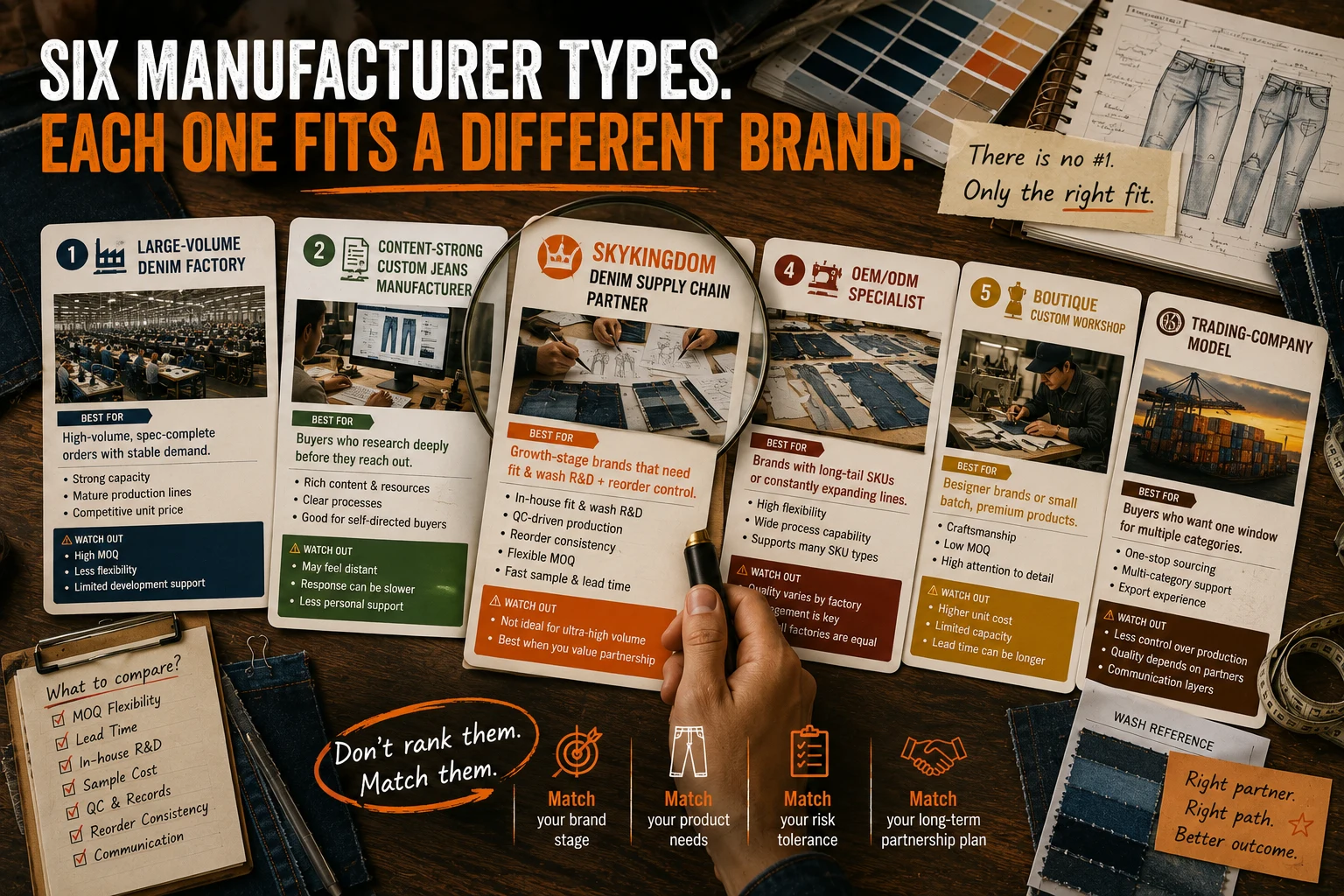 Six custom denim manufacturer types compared by buyer stage, MOQ flexibility, development support, and reorder consistency