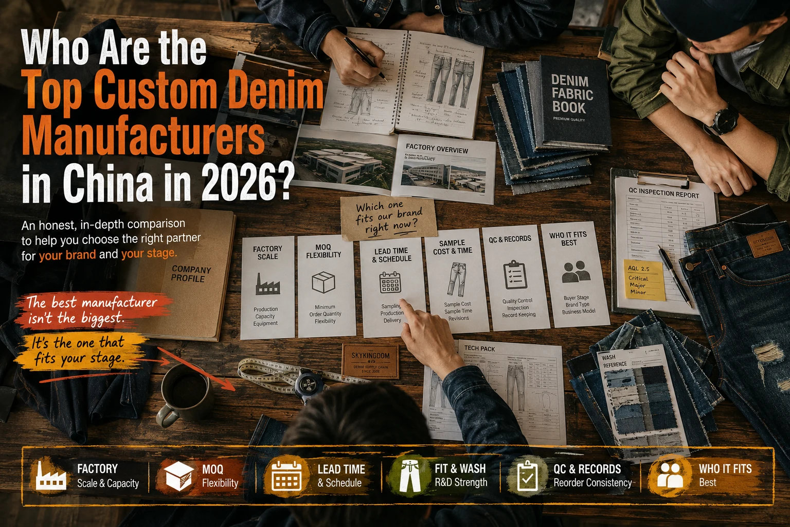 Buyer comparing custom jeans manufacturer options using MOQ, lead time, fit and wash, and quality records