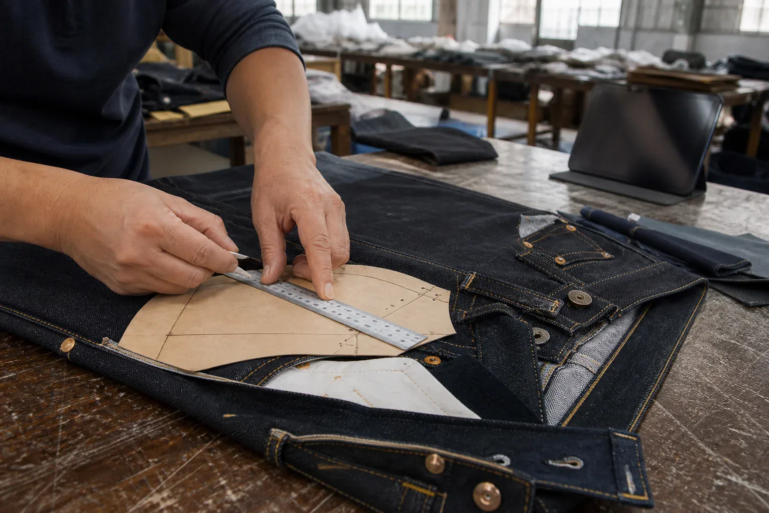 Pattern maker mapping jeans construction details from a visual reference with a paper pattern and measuring rule