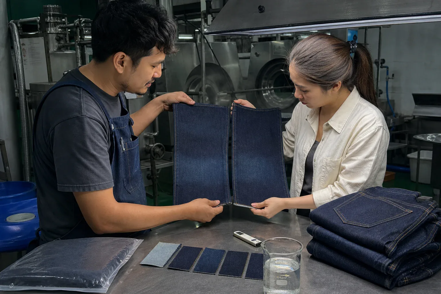 Denim wash technician and quality specialist comparing two indigo jeans panels under inspection light