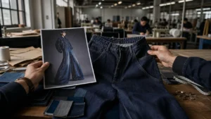 AI concept image beside a real jeans sample on a denim development worktable