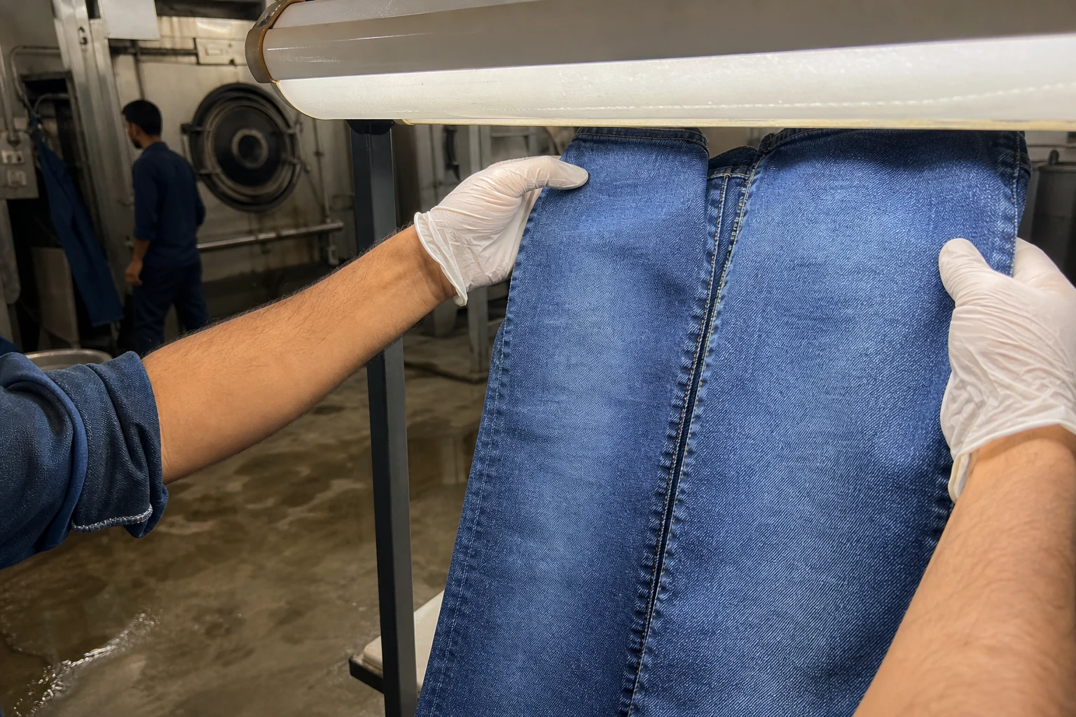 Quality technician comparing washed jeans under an inspection light in a denim wash room
