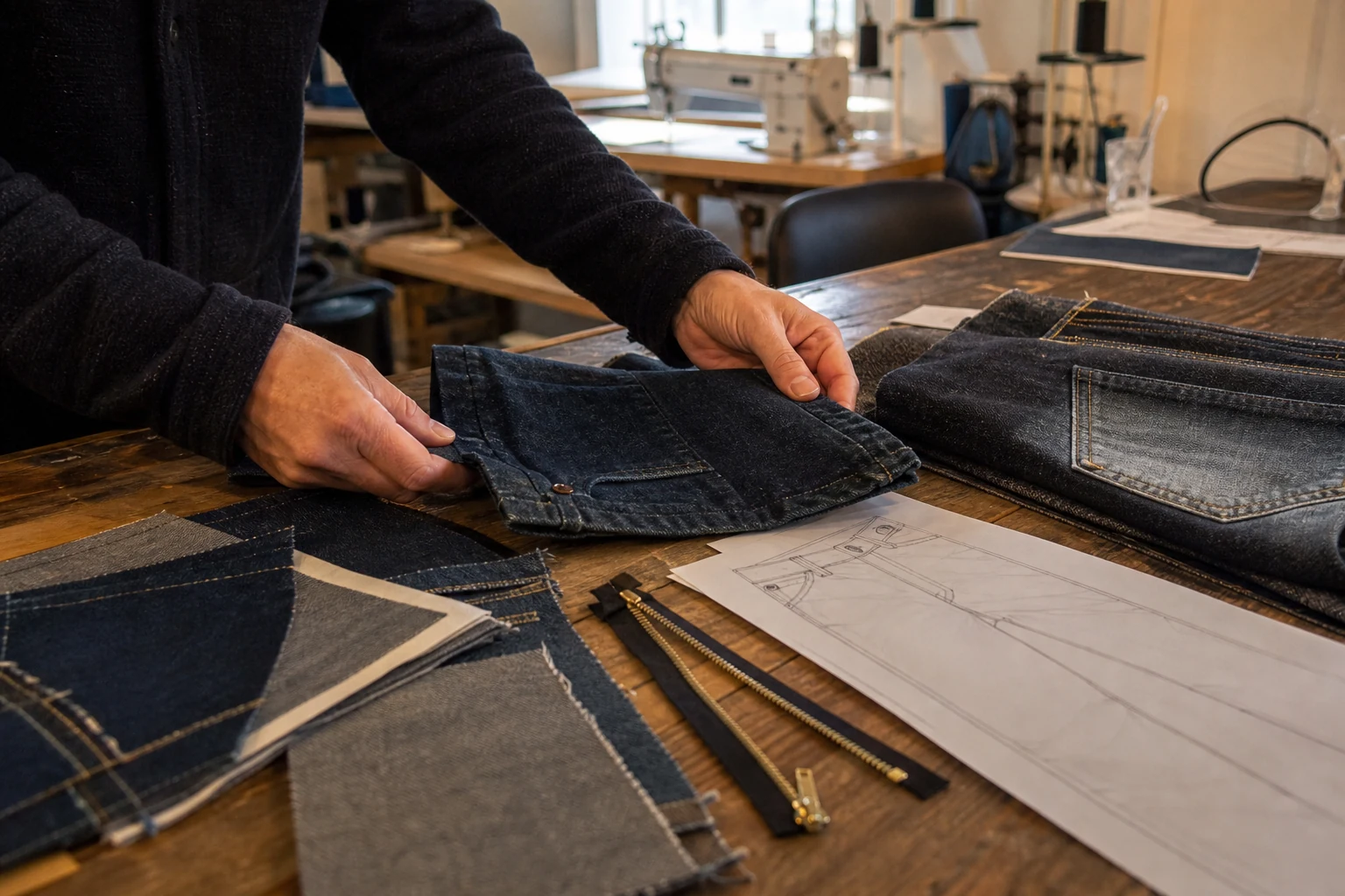 Developer reviewing a custom jeans sample, indigo swatches and trims during full package production planning