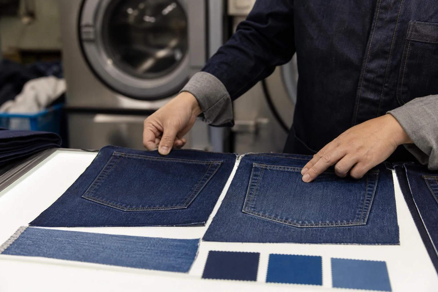 Quality specialist comparing two washed jeans batch panels under an inspection light to check shade variation
