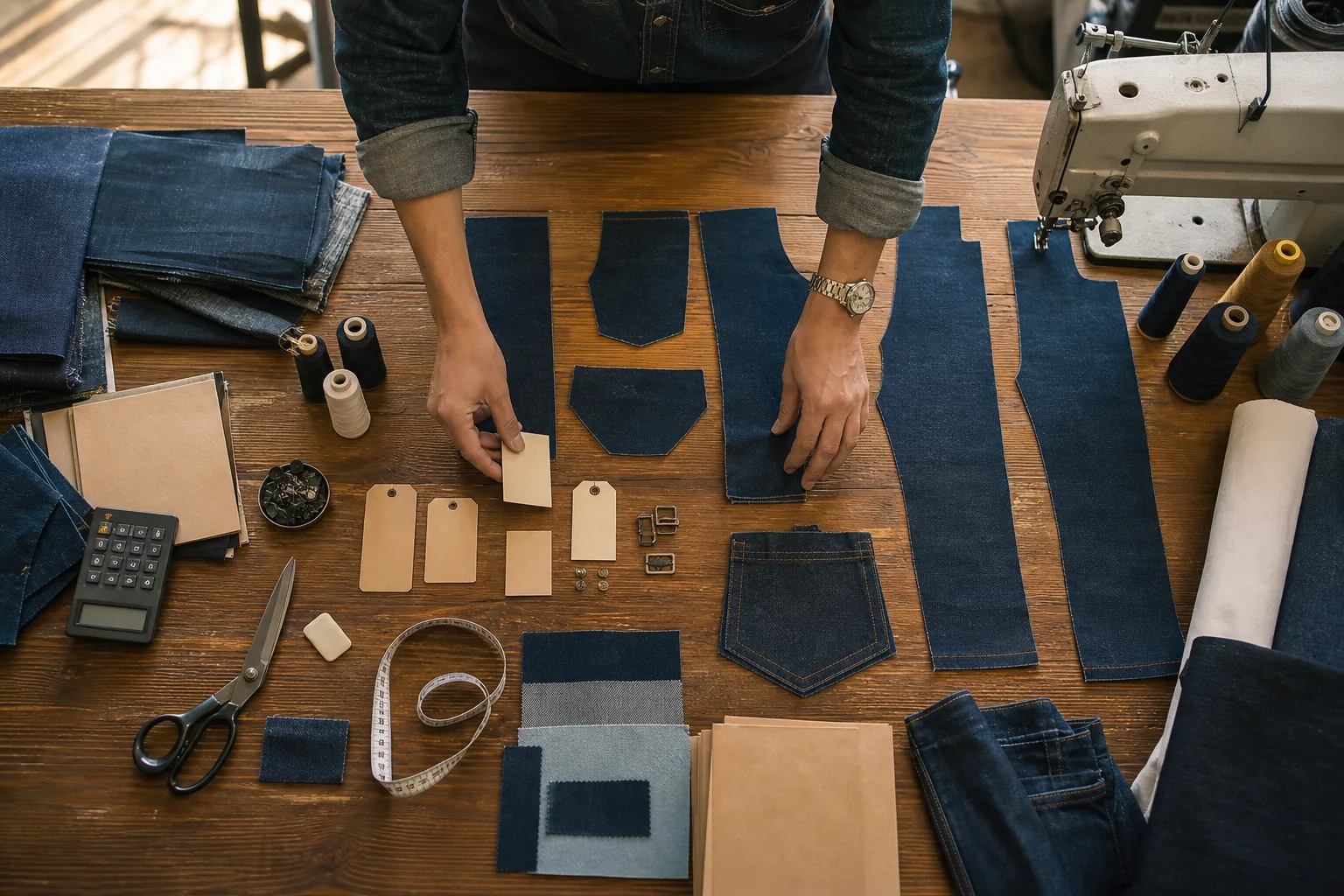 Small-batch jeans production components arranged for a market trial with fabric swatches, trims and pattern pieces