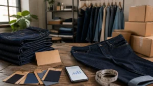 Small-batch jeans production setup with finished jeans, fabric swatches and shipping boxes