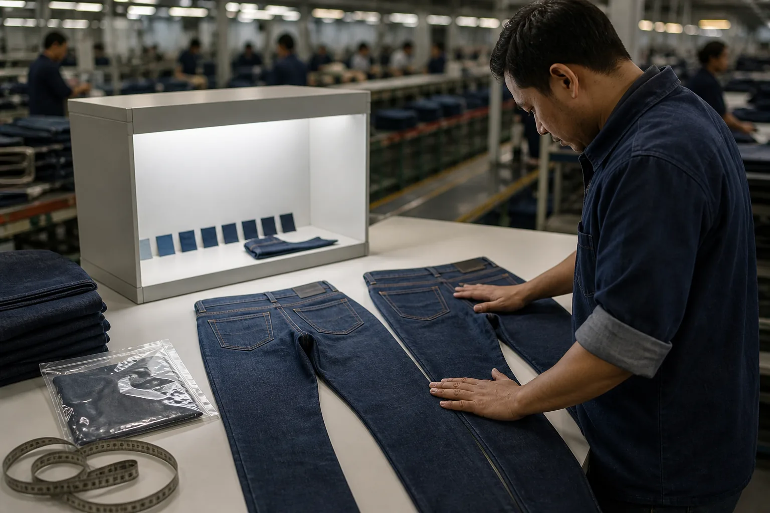 Quality specialist comparing an approved jeans sample with a trial-to-bulk pair under a neutral inspection light