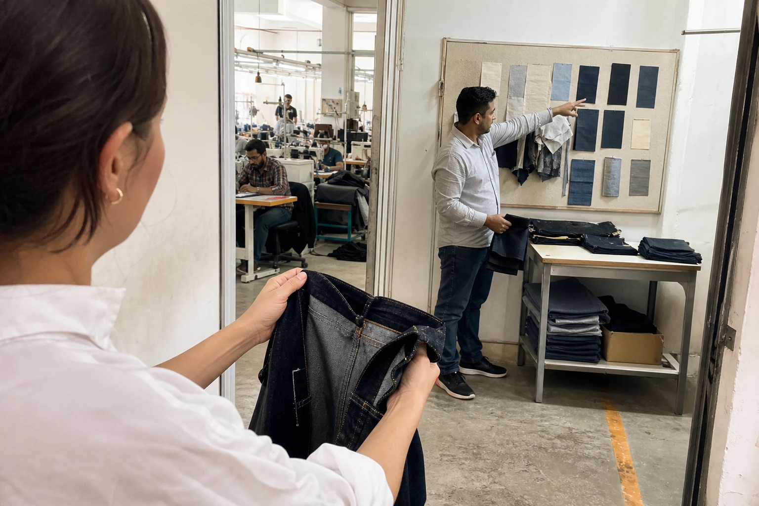 Buyer reviewing an unfinished jeans sample during an on-site visit to verify a factory production process