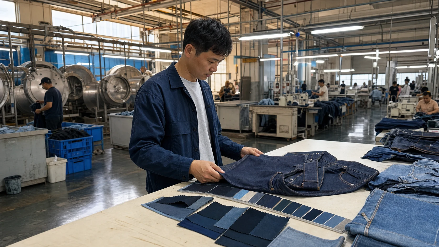 Denim production manager comparing an approved jeans sample with indigo shade swatches inside an integrated factory