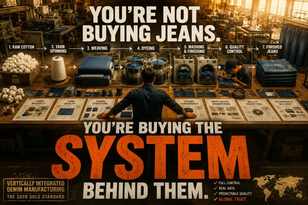 Vertically integrated jeans manufacturing system from raw cotton to finished jeans
